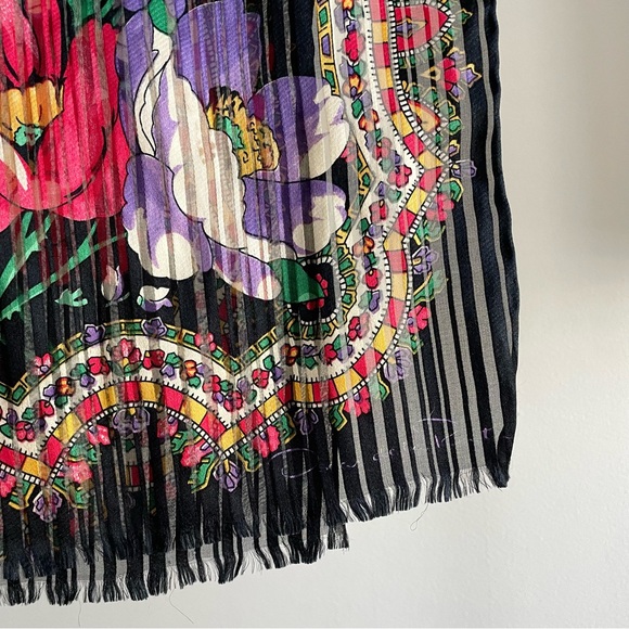 Oscar de la Renta Vintage Floral Black Striped Silk Chiffon Long Scarf - Picture 3 of 5